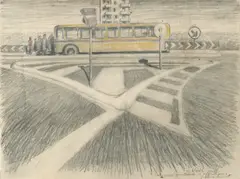 Jeffrey Smart, Drawing Study for The Waiting Bus, c.1986, pencil on paper
