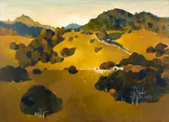 Peter McIntyre, King Country and Woolshed, c.1975, oil on board