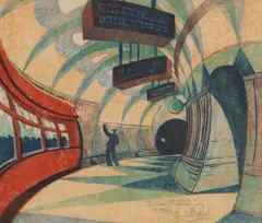 Cyril Power, The Tube Station, c.1932, colour linocut on oriental tissue ed. 50/60