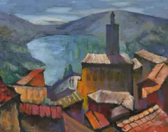 Grahame King, Italian Landscape with Lake, 1948, oil on canvas