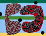 Silent Conversation (07) by Tony Albert And Natalya Hughes, 2020, synthetic polymer paint and vintage appropriated Aboriginal fabric on canvasboard, sold May 2023