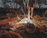 Holly Greenwood, Creek Bed Fire, Broken Hill, 2019, oil and oil stick on board