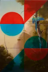 Sam Leach, Landscape with Macaw, 2019, oil and resin on board, 6 panels