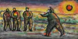 Peter Booth, Landscape with Four Figures and Red Sun