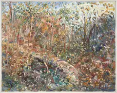 Celia Perceval, Broken Bridge with Cedar Tree in the Flowering Bush, oil on canvas