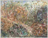 Celia Perceval, Broken Bridge with Cedar Tree in the Flowering Bush, oil on canvas