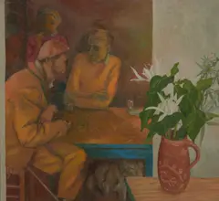Brian Dunlop, Seated Figures in a Cafe, oil on board