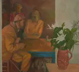Brian Dunlop, Seated Figures in a Cafe, oil on board