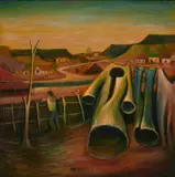 Miner Waiting For His Clothes to Dry by Pro Hart, 1983, oil on canvas, sold Mar 2023