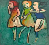 Three Figures by Charles Blackman, enamel and oil on paper on composition board, sold Mar 2023