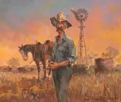 D'Arcy Doyle, Stockman and Windmill, oil on canvas on board
