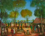 Race Day by Pro Hart, oil on board, sold Mar 2023
