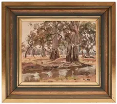 River Gums, Benalla by Max Middleton, oil on masonite, sold Feb 2023