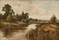Henry John Kinnaird, Bucolic Scene with Cattle Watering and Laundress, oil on canvas