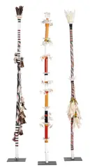 Gali Yalkarriwuy & Richard Dhaymutha, Three Morning Star Poles, 2007-08, ochre/acrylic on wood with feathers and string