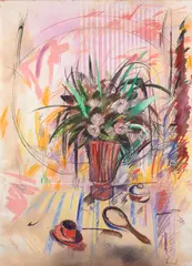 Geoffrey Proud, Flowers and Mirror - Late Afternoon, 1981, mixed media on paper