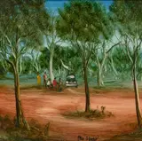 Pro Hart, Parked in the Scrub, oil on board