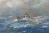 John Charles Allcot, HMAS Warrigo, gouache on card on board