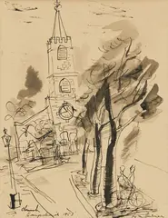 Church, Hampstead by Francis Lymburner, 1953, ink and wash on paper, sold Nov 2022