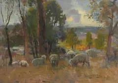 Walter Withers, Grazing Sheep, oil on canvas laid on board