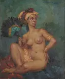 Norman Lindsay, Portrait of a Woman with a Fan, oil on canvas on board