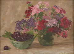 Jo Sweatman, Flowers and Bowl of Cherries, oil on board