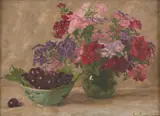 Jo Sweatman, Flowers and Bowl of Cherries, oil on board