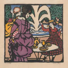 Thea Proctor, The Fountain, 1925, woodcut with hand colouring
