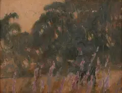 Jessie Traill, Sister Kathleen at Harkaway Among the Purple Watsonias, oil on board