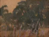 Jessie Traill, Sister Kathleen at Harkaway Among the Purple Watsonias, oil on board