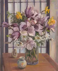 Judith Perrey, Magnolias and Marguerites, oil on canvasboard
