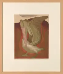 Murray Griffin, The Considering Pelican, 1950, colour linocut ed. 6/28