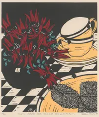 Sturt's Desert Peas Tea Cups and Lamingtons by Aileen Brown, 1987, linocut, ed. 43/50, sold Jul 2022