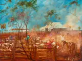 Getting the Sale Sheep Ready, Tilbooroo Station, West Queensland by Hugh Sawrey, oil on board, sold Feb 2022