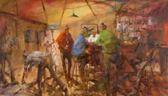 Hugh Sawrey, A Confidential Moment in the Bar of the Cattle Camp Hotel, Charleville, Queensland, oil on board