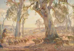 Hans Heysen, Travelling Sheep and Gums, 1950, watercolour on paper