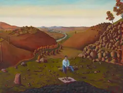 Landscape with a View to Distance by David Keeling, 1988, oil on wood, sold Feb 2022