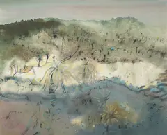 Robert Juniper, Untitled (Australian Landscape), 1972, watercolour, pencil, charcoal, wax on canvas laid on board