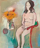 Seated Nude with Flowers by Charles Blackman, oil on canvas, sold Aug 2022