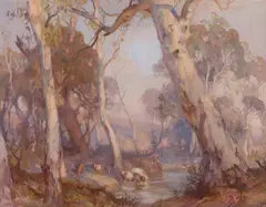 Hans Heysen, Cattle Watering, Hahndorf, 1915, watercolour on paper