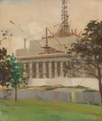 Alexander Douglas Colquhoun, The Shrine From The Domain, c.1930, oil on canvas laid on board