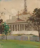 Alexander Douglas Colquhoun, The Shrine From The Domain, c.1930, oil on canvas laid on board