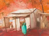 Waiting - The Outstation, Diamantina Lakes, Central Western Queensland by Hugh Sawrey, oil on masonite, sold Jun 2022