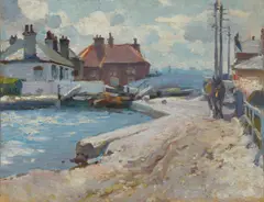 Waterside Village by Harold Septimus Power, oil on canvas, sold Jun 2022