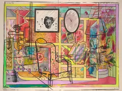 Howard Arkley And Juan Davila, Interior with Built-in-Bar, 1992, gouache on paper with silkscreen detailing