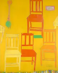 Katherine Hattam, Yellow Kitchen Chairs and Green Light Bulb (4 Classroom Chairs), oil on canvas
