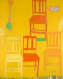 Katherine Hattam, Yellow Kitchen Chairs and Green Light Bulb (4 Classroom Chairs), oil on canvas
