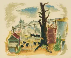 Alan Sumner, Chicken Coop with Tree, 1945, screenprint, printed in colour from 14 stencils, ed. of 36