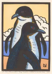 Leslie van der Sluys, Fairy Penguins, 2000, linocut, ed. 8/90