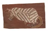 Jimmy Mjiminuma, Kangaroo with Young, c.1970, natural earth pigments on eucalyptus bark